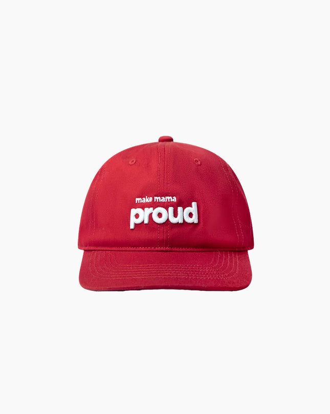 Hatline LAB Make Mama Proud Snapback Dark Red, Frontansicht 6-Panel Unstructured, weiße 3D-Stickerei dunkelrot