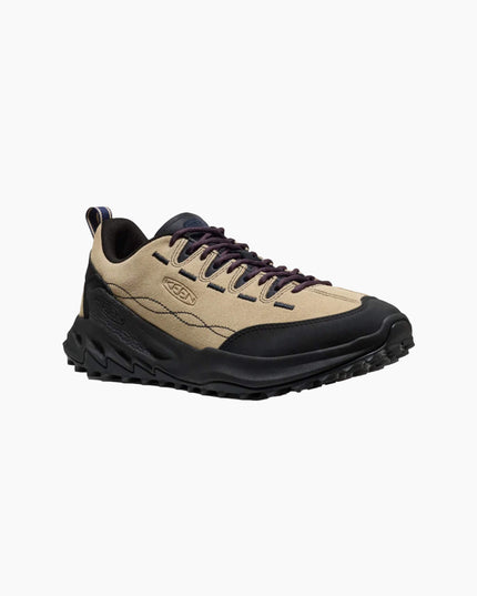 KEEN Jasper Zionic Safari Sky Captain, Seitenansicht aussen, KEEN Wildleder Sneaker Safari beige blau Herren. Lila Schnürsenkel
