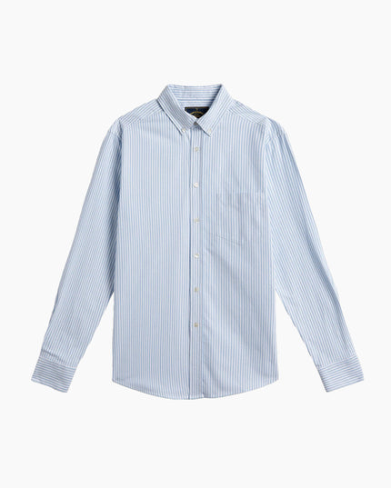 Portuguese Flannel Brushed Oxford Stripe Hellblau, Frontansicht klassisches Hemd, Streifenmuster Perlmuttknöpfe hellblau