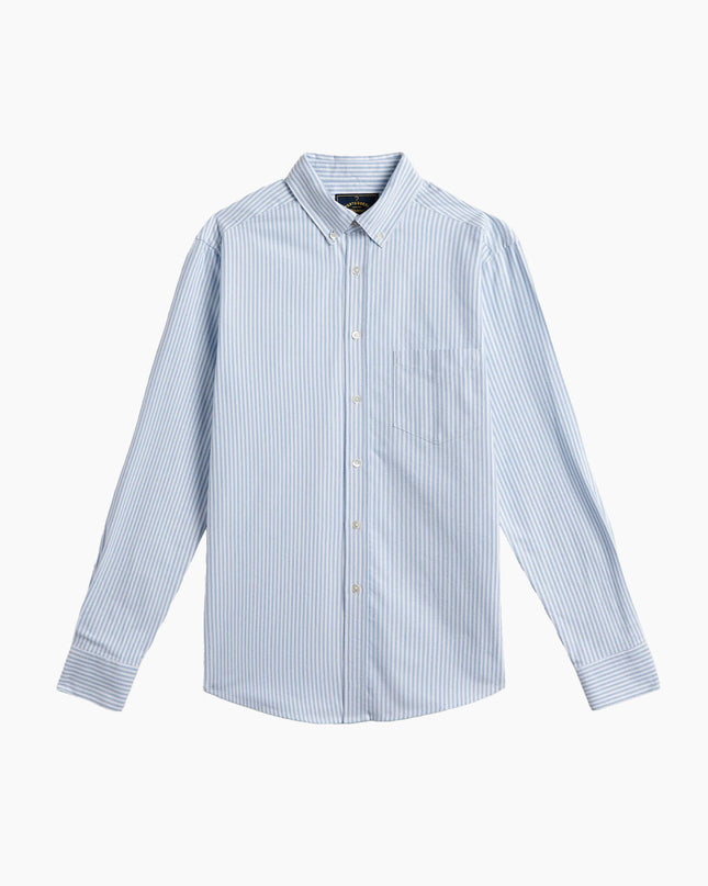 Portuguese Flannel Brushed Oxford Stripe Hellblau, Frontansicht klassisches Hemd, Streifenmuster Perlmuttknöpfe hellblau