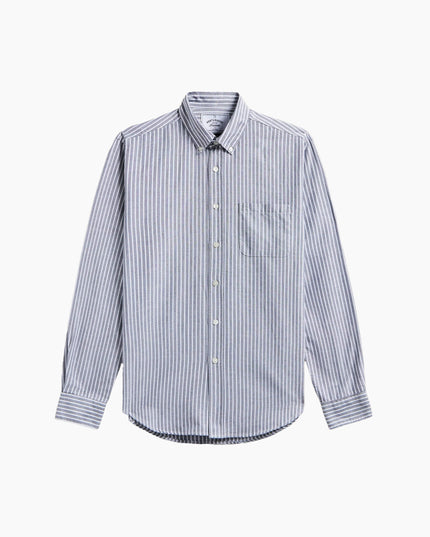 Portuguese Flannel Brushed Oxford Stripe Schwarz, Frontansicht klassisches Hemd, Streifenmuster Perlmuttknöpfe schwarz