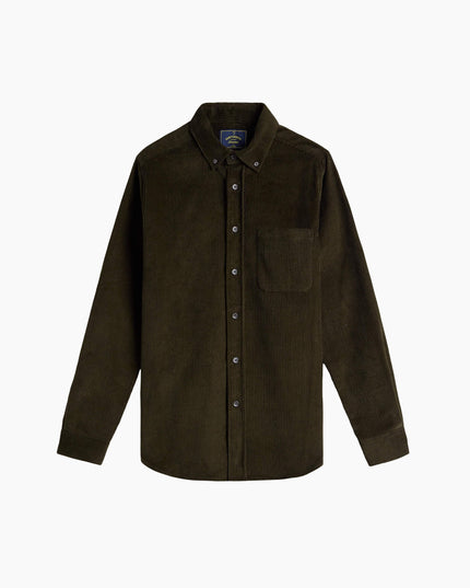 Portuguese Flannel Lobo Cordhemd Olive, Frontansicht klassisches Cordhemd, Perlmuttknöpfe Cord-Baumwolle olive