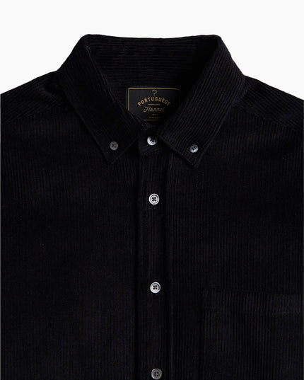 Portuguese Flannel Lobo Cordhemd Schwarz, Cord-Textur Nahaufnahme Perlmuttknöpfe, Kordsamt schwarz Made in Portugal