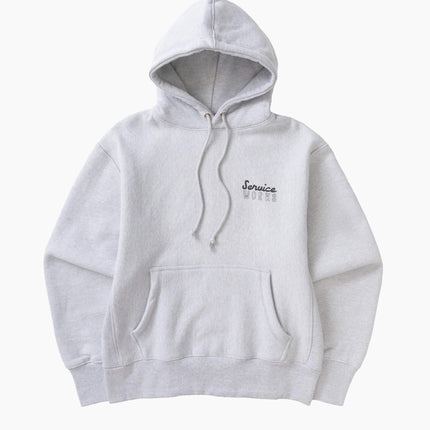 Service Works Eating Adventures Hoodie Heather Grey, Studio-Frontansicht, 550gsm GOTS Bio-Baumwolle Side Panel Hoodie grau meliert