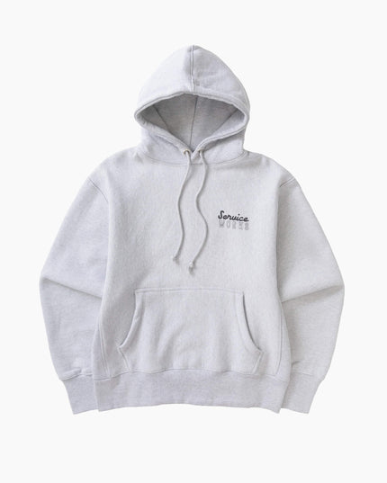 Service Works Eating Adventures Hoodie Heather Grey, Studio-Frontansicht, 550gsm GOTS Bio-Baumwolle Side Panel Hoodie grau meliert