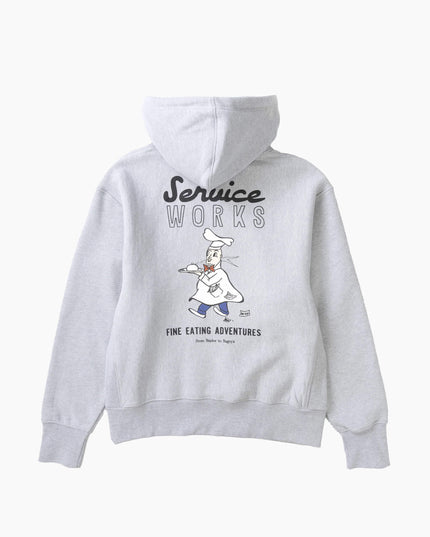 Service Works Eating Adventures Hoodie Heather Grey, Studio-Rückansicht, 550gsm GOTS Bio-Baumwolle Side Panel Hoodie grau meliert