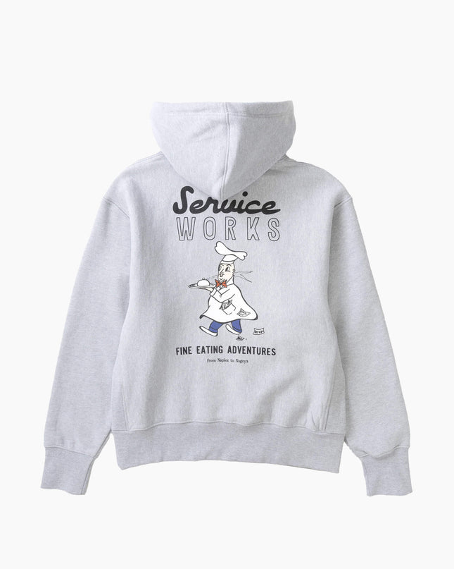 Service Works Eating Adventures Hoodie Heather Grey, Studio-Rückansicht, 550gsm GOTS Bio-Baumwolle Side Panel Hoodie grau meliert