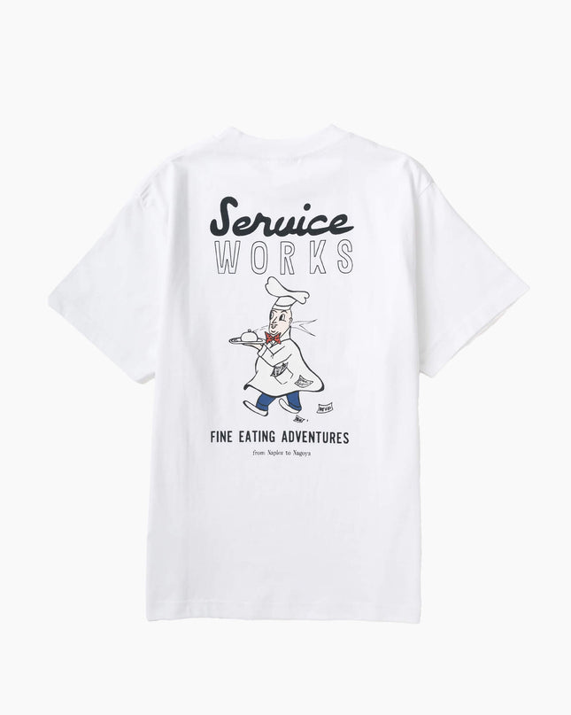 Service Works Eating Adventures Tee Weiß, Studio-Rückansicht Standard Fit, 250gsm GOTS Bio-Baumwolle weiß