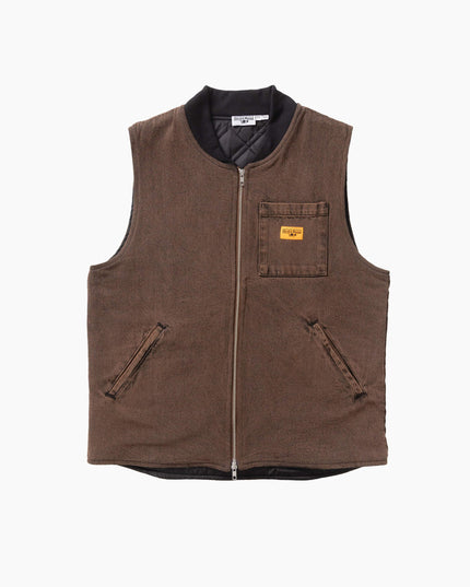 Service Works Over-Dyed Work Vest Umber, Studio-Frontansicht, 11.25oz GOTS Denim Weste umber over-dyed erdbraun