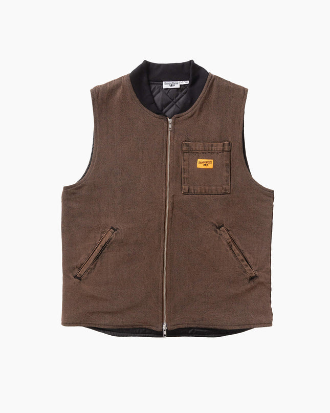 Service Works Over-Dyed Work Vest Umber, Studio-Frontansicht, 11.25oz GOTS Denim Weste umber over-dyed erdbraun