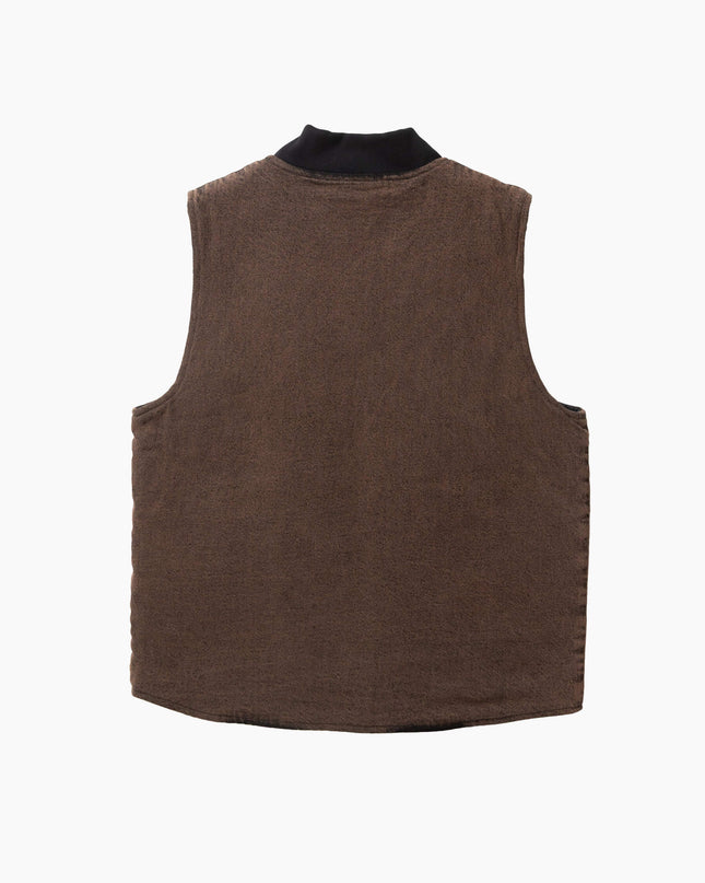 Service Works Over-Dyed Work Vest Umber, Studio-Rückansicht, 11.25oz GOTS Denim Weste umber over-dyed erdbraun
