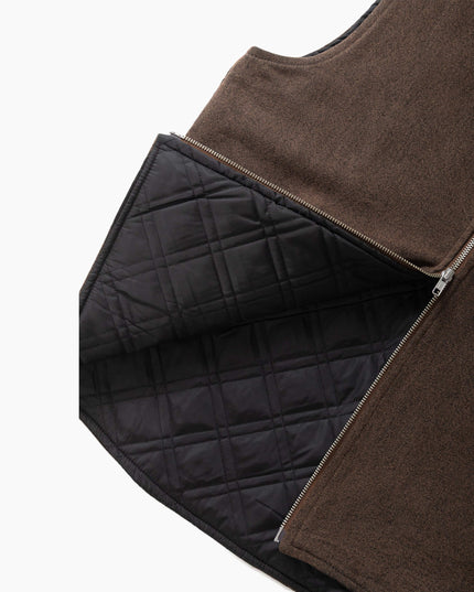 Service Works Over-Dyed Work Vest Umber, YKK Reißverschluss Nahaufnahme, Double YKK Zip Denim Weste umber