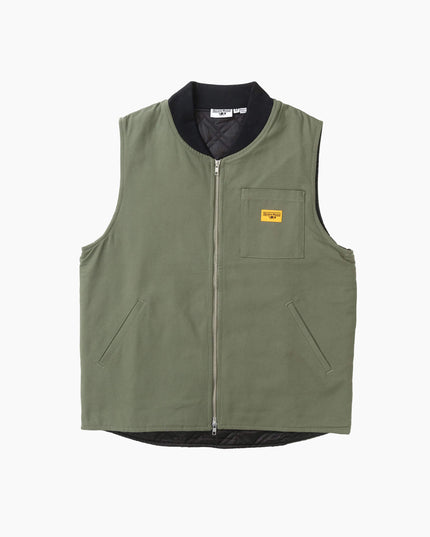 Service Works Padded Work Vest Jacket Olive, Studio-Frontansicht, GOTS Heavyweight Cotton Canvas Weste olive gesteppt