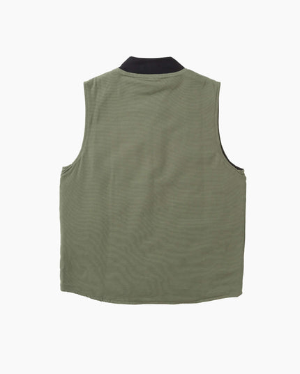 Service Works Padded Work Vest Jacket Olive, Studio-Rückansicht, GOTS Heavyweight Cotton Canvas Weste olive gesteppt
