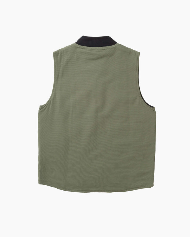 Service Works Padded Work Vest Jacket Olive, Studio-Rückansicht, GOTS Heavyweight Cotton Canvas Weste olive gesteppt
