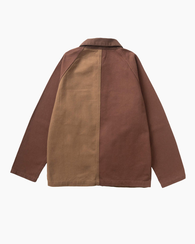 Service Works Patchwork Coverall 2.0 Brown, Studio-Rückansicht, 12oz GOTS Duck Canvas Arbeitsjacke braun vier Taschen
