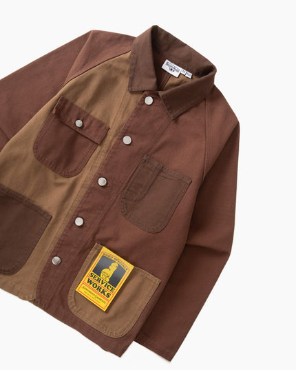 Service Works Patchwork Coverall Brown, Knopfleiste Nickelknöpfe Nahaufnahme, Brushed Nickel Buttons Duck Canvas braun