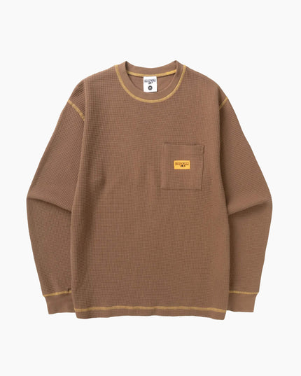 Service Works Waffle Contrast Longsleeve Braun Gelb, Studio-Frontansicht, 250gsm GOTS Bio-Baumwolle Waffelstrick braun gelb