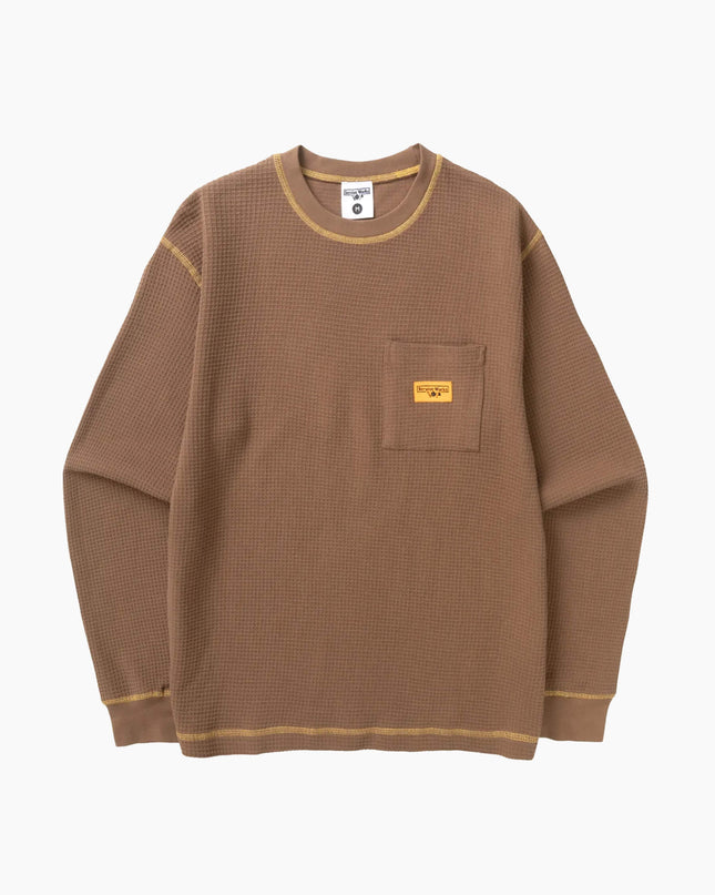 Service Works Waffle Contrast Longsleeve Braun Gelb, Studio-Frontansicht, 250gsm GOTS Bio-Baumwolle Waffelstrick braun gelb