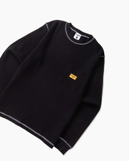 Service Works Waffle Contrast Longsleeve Schwarz Weiß, Waffelstrick-Textur Nahaufnahme, 250gsm Waffle Knit GOTS schwarz