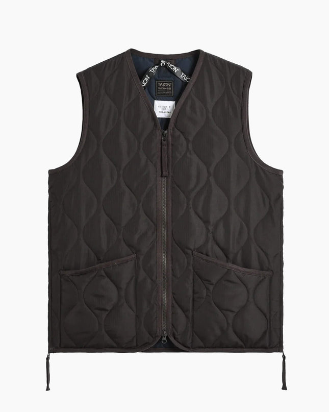 TAION Military Zip V-Neck Daunenweste Dark Choco, 800FP Onion Quilting Ripstop, Modell 181cm Größe M
