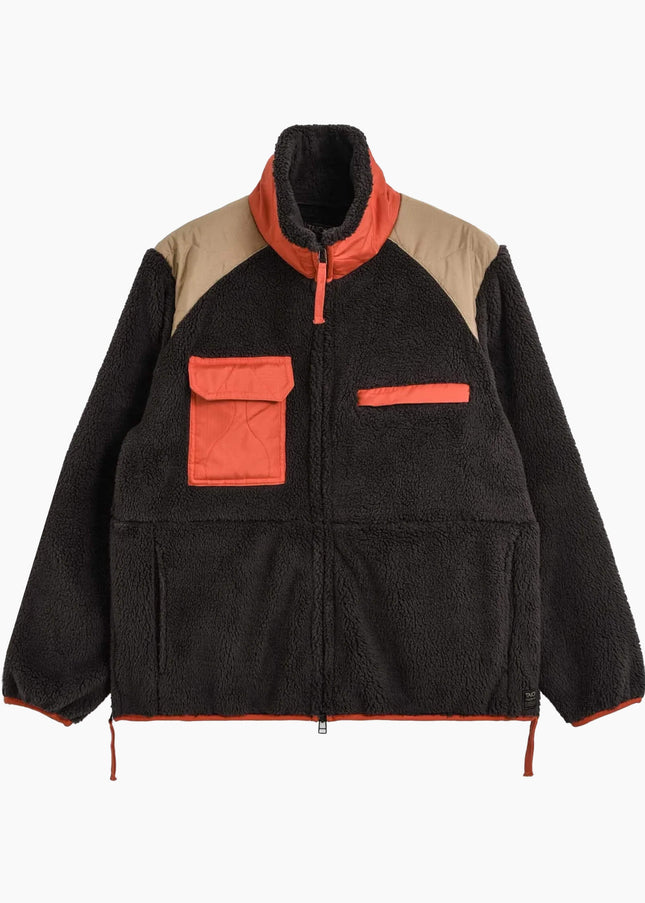 TAION Military Pile-Fleece High-Neck Jacket Non Down D.Choco Crazy, Frontansicht. Pile Fleece Ripstop Jacke dunkelbraun Japan
