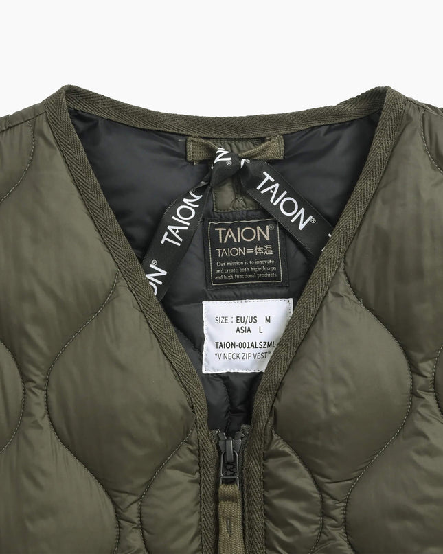 TAION Military V Neck Down JKT Dark Olive, Produktansicht V-Neck, 800FP Soft Shell Daunenjacke Japan
