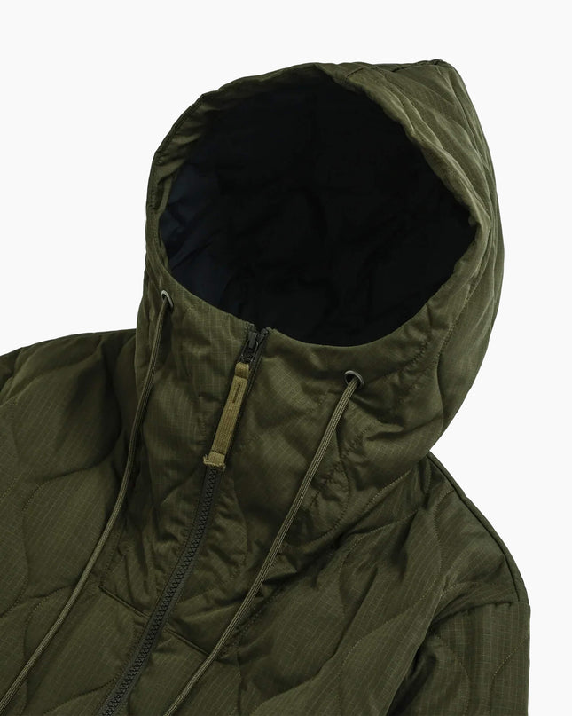 TAION Military W-Zip Down Hoodie Dark Olive, Kapuze. Hard Shell Ripstop Onion Quilting schwarz Japan
