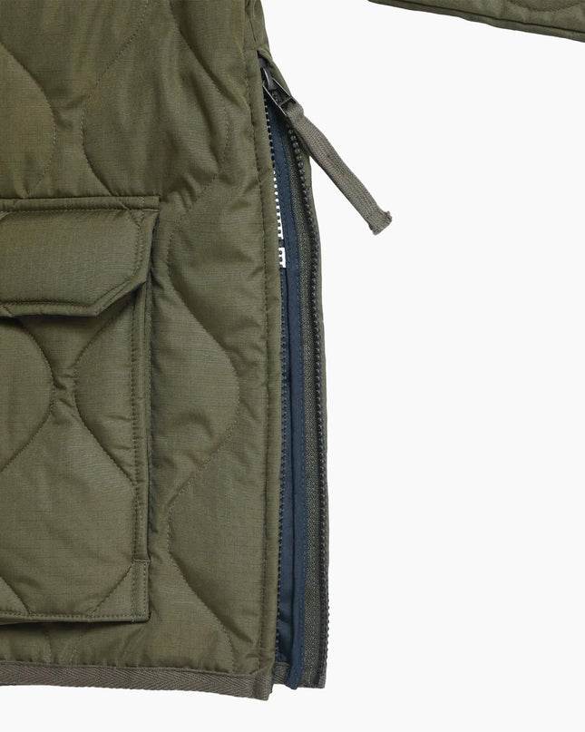 TAION Military W-Zip Down Hoodie Dark Olive, Seitenschlitze Hard Shell Ripstop Onion Quilting schwarz Japan

