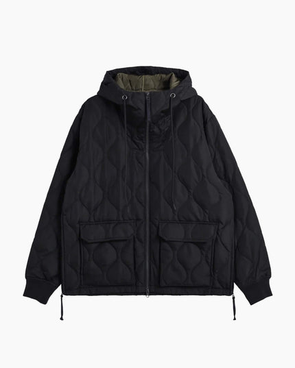 TAION Military W-Zip Down Hoodie Black, Frontansicht. 800FP Daunen Hard Shell Ripstop Onion Quilting schwarz Japan
