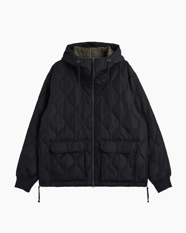 TAION Military W-Zip Down Hoodie Black, Frontansicht. 800FP Daunen Hard Shell Ripstop Onion Quilting schwarz Japan
