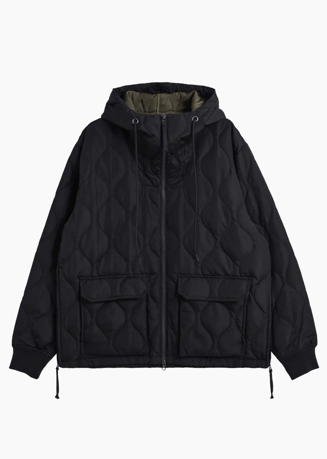 TAION Military W-Zip Down Hoodie Black, Frontansicht. 800FP Daunen Hard Shell Ripstop Onion Quilting schwarz Japan
