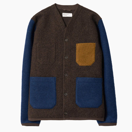 Universal Works Brown/Indigo Wool Fleece Cardigan, Zweifarbton-Gewebe V-Ausschnitt 5 Knöpfe, Flat Lay