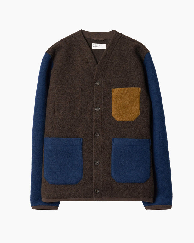 Universal Works Brown/Indigo Wool Fleece Cardigan, Zweifarbton-Gewebe V-Ausschnitt 5 Knöpfe, Flat Lay