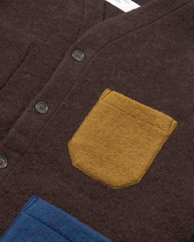 Universal Works Wool Fleece Swatch Brown/Indigo, Zweifarbton gestrickt leicht gefilzt, Textur-Nahaufnahme