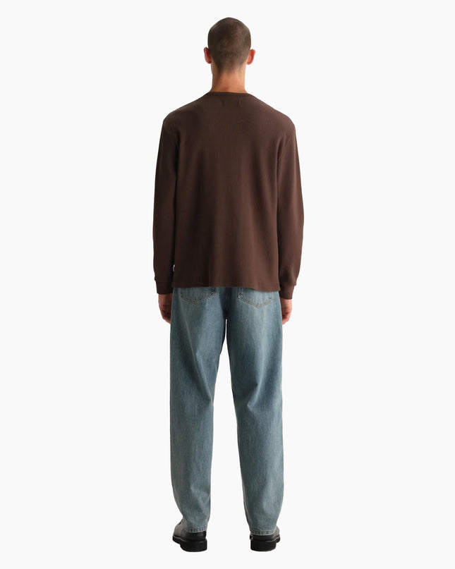 Wax London Caleb Henley Longsleeve Braun, Studio-Rückenansicht, Wax London Caleb 380gsm Waffle Regular Fit