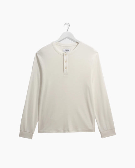 Wax London Caleb Henley Longsleeve Ecru, Frontansicht Regular Fit, 210gsm Brushed Slub Jersey Bio-Baumwolle