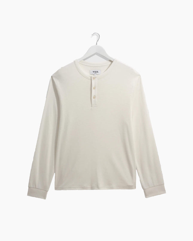 Wax London Caleb Henley Longsleeve Ecru, Frontansicht Regular Fit, 210gsm Brushed Slub Jersey Bio-Baumwolle