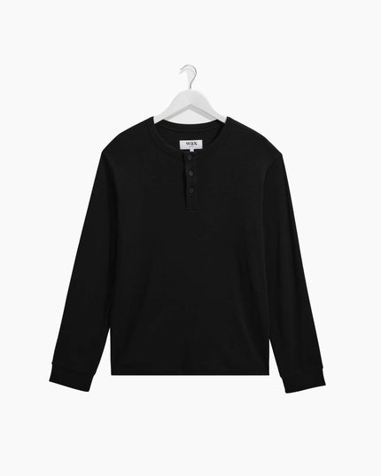 Wax London Caleb Henley Longsleeve Schwarz, Frontansicht Regular Fit, 210gsm Brushed Slub Jersey Bio-Baumwolle