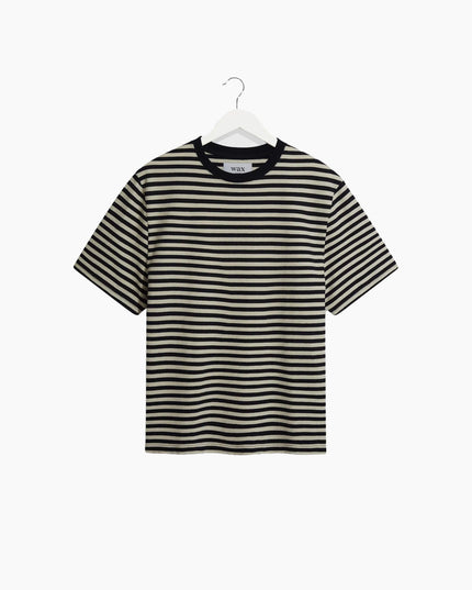 Wax London Dean T-Shirt Marineblau Ecru Streifen, Frontansicht Regular Fit, 280gsm Textured Organic Cotton Stripe