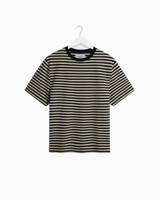 Wax London Dean T-Shirt Marineblau Ecru Streifen, Frontansicht Regular Fit, 280gsm Textured Organic Cotton Stripe