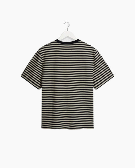 Wax London Dean T-Shirt Marineblau Ecru Streifen, Rückansicht Regular Fit, 280gsm Textured Organic Cotton Stripe