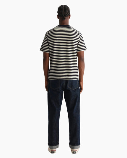 Wax London Dean T-Shirt Marineblau Ecru Streifen, Rückenansicht Regular Fit, Wax London Dean Stripe navy ecru