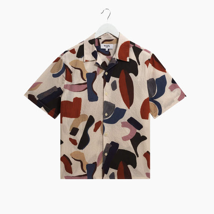 Wax London Didcot Kurzarmhemd Ecru Multicolour, abstraktes Shapes-Artwork, Relaxed Fit, Frontansicht