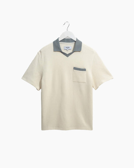 Wax London Pendal Polo Shirt Ecru Blau, Bio-Baumwolle Jersey, Relaxed Fit, Frontansicht