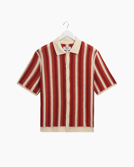 Wax London Porto Crochet Knit Shirt Ecru Orange Stripe, Relaxed Fit, Frontansicht