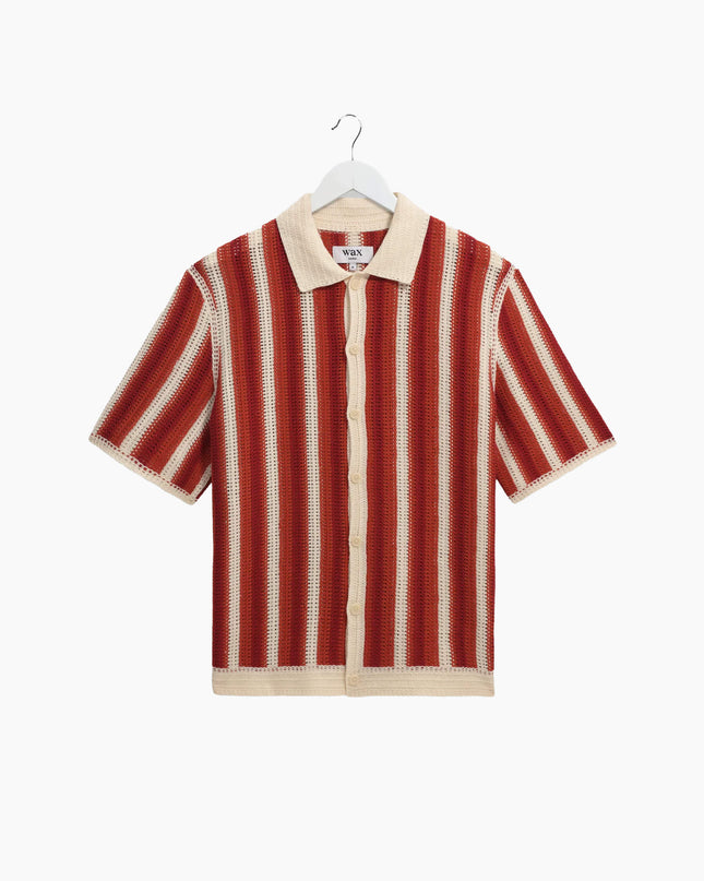 Wax London Porto Crochet Knit Shirt Ecru Orange Stripe, Relaxed Fit, Frontansicht