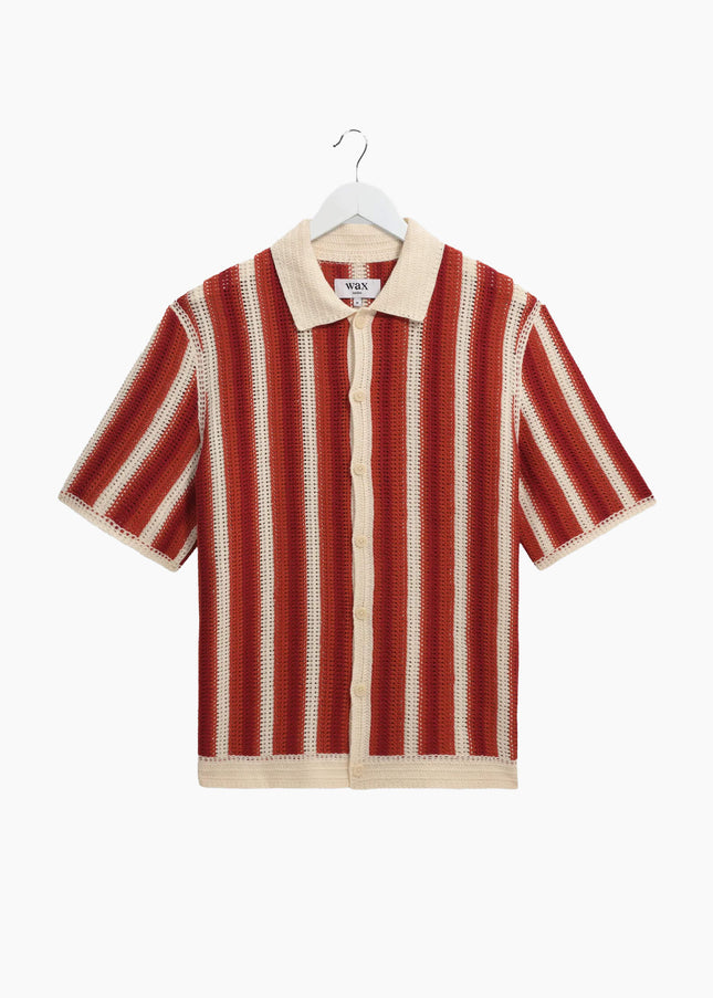 Wax London Porto Crochet Knit Shirt Ecru Orange Stripe, Relaxed Fit, Frontansicht