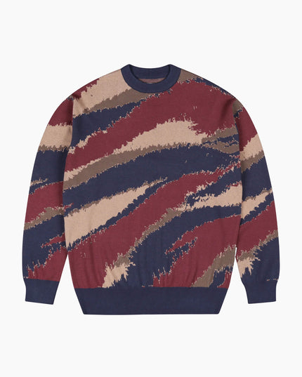 Wemoto Johnson Cotton Knit Crewneck Navy Burgundy, Frontansicht Regular Fit, 100% Baumwolle Rib Knit zweifarbig