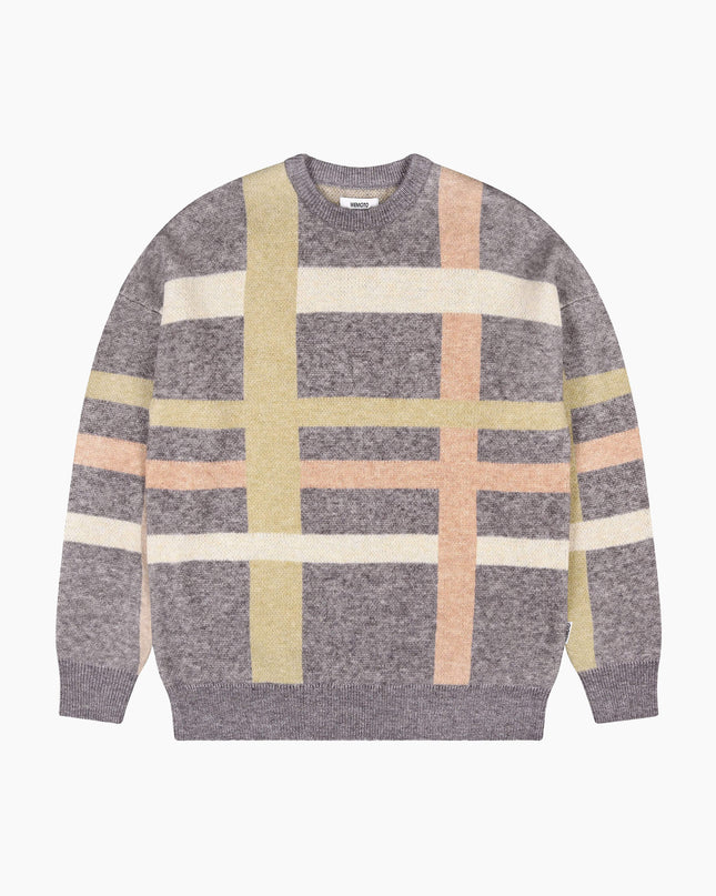 Wemoto Shane Vegan Knit Pullover Dark Grey Melange, Frontansicht Relaxed Fit, Jacquard Knit 7 Gauge Crewneck dunkelgrau